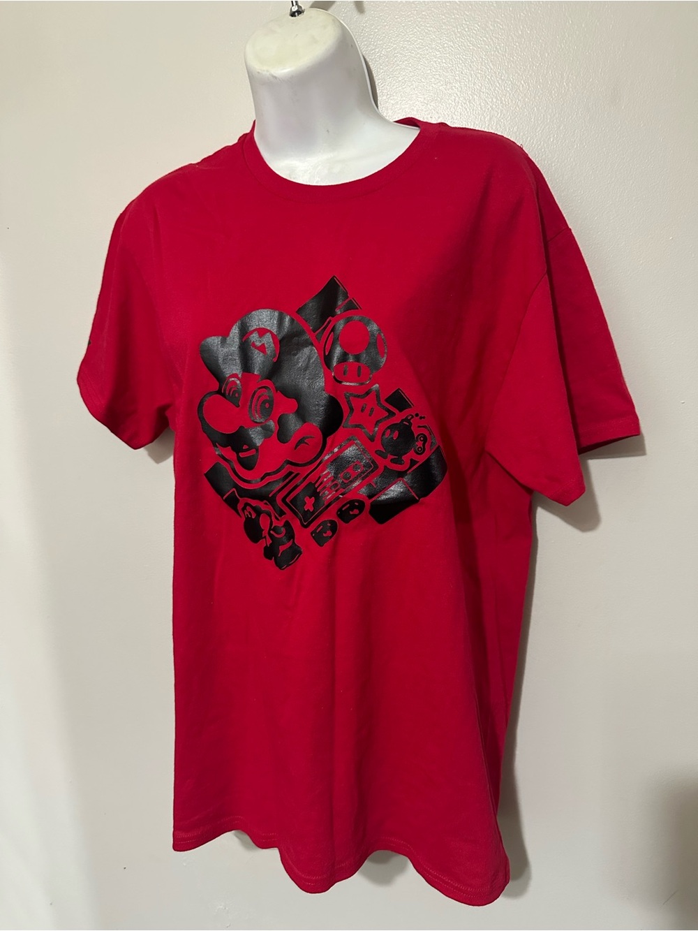 Custom Mario Graphic Tee • Red Gamer Shirt • Handmade Heat‑Press Design